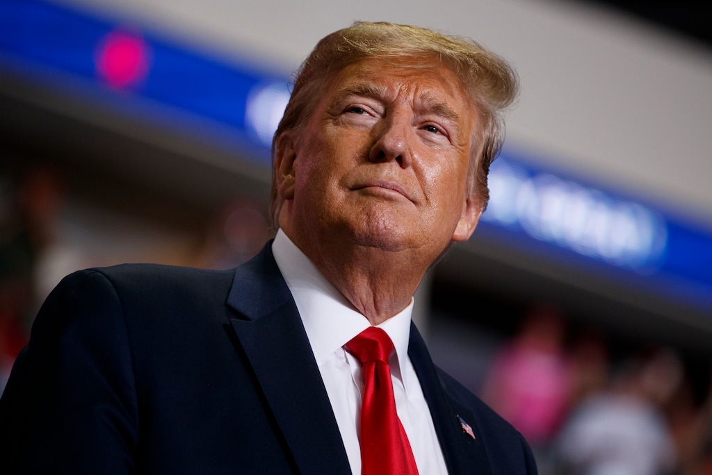 President Donald Trump arrives to speak at a campaign rally at the Santa Ana Star Center, Monday, Sept. 16, 2019, in Rio Rancho, N.M. (AP Photo/Evan Vucci)