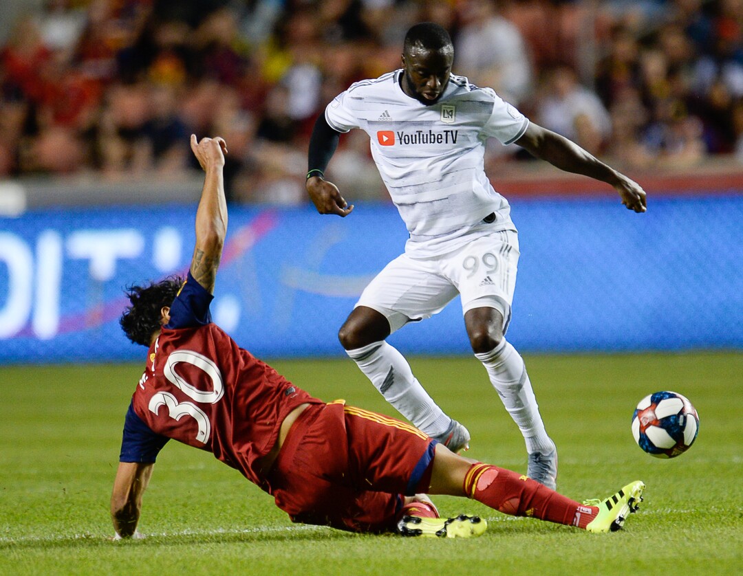 (Francisco Kjolseth  |  The Salt Lake Tribune)  Real Salt Lake defender Marcelo Silva (30) knocks the ball away from Los Angeles FC forward Adama Diomande (99) as Real Salt Lake hosts Los Angeles FC at Rio Tinto Stadium in Sandy on Saturday, Aug. 17, 2019.
