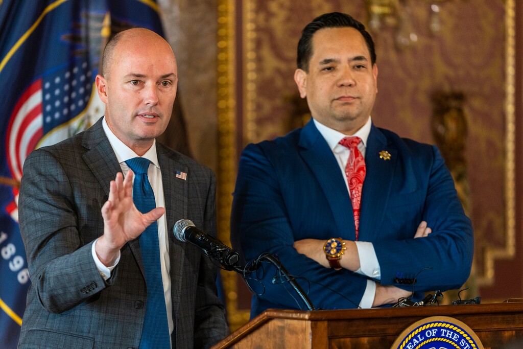 (Rick Egan | The Salt Lake Tribune) Utah Gov. Spencer Cox answers questions from the media, during a news conference with Attorney General Sean Reyes at the Capitol, on Monday, Jan. 23, 2023.