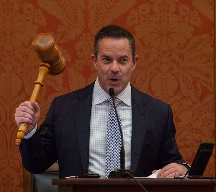 (Rick Egan  |  The Salt Lake Tribune)  Speaker of the House Brad Wilson bangs the gavel at the end of the 2019 legislature, Thursday, March 14, 2019. 

