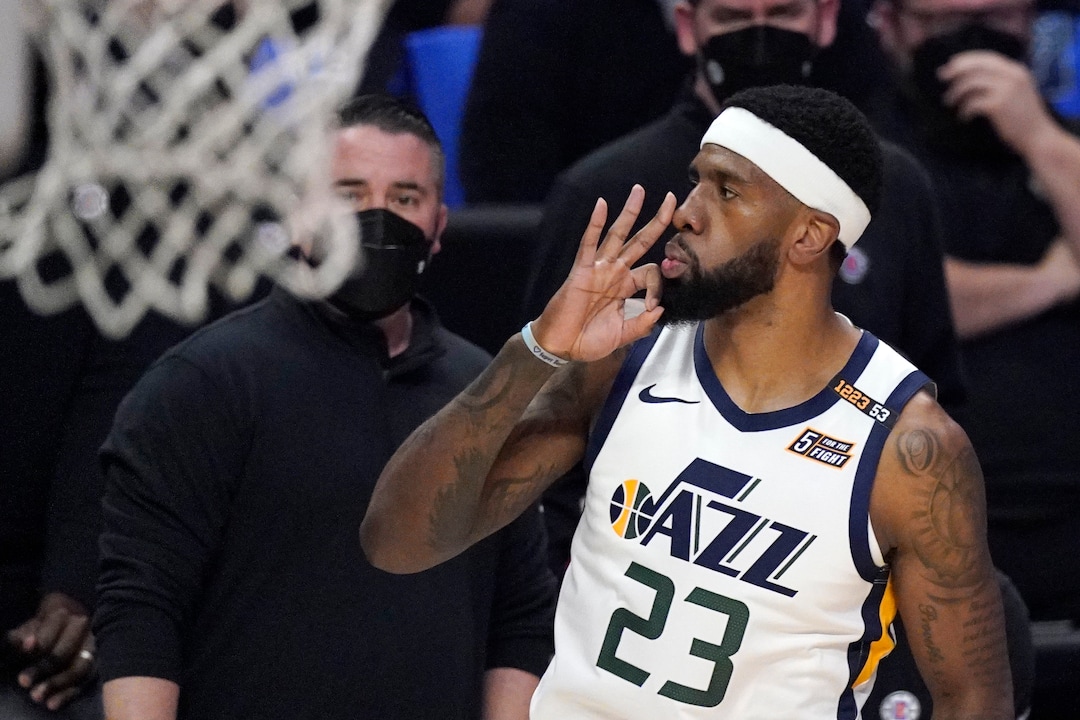 Utah Jazz forward Royce O'Neale gestures after hitting a three-point shot during the first half in Game 6 of a second-round NBA basketball playoff series against the Los Angeles Clippers Friday, June 18, 2021, in Los Angeles. (AP Photo/Mark J. Terrill)