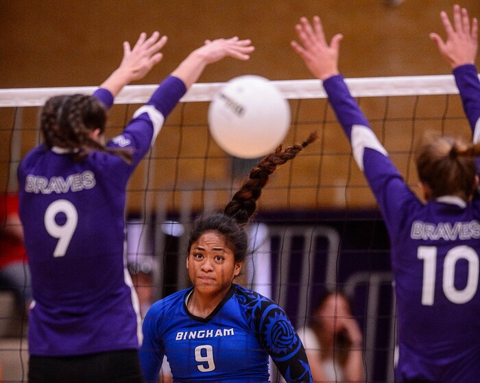 (Trent Nelson  |  The Salt Lake Tribune)  Bingham's Gabriella Langi (9) watches the ball fly as North Summit hosts Bingham, high school girls' volleyball in Coalville, Thursday August 17, 2017.