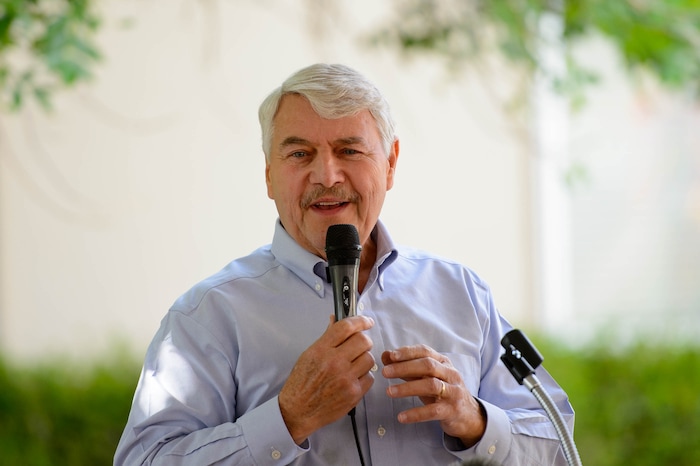 (Trent Nelson  |  The Salt Lake Tribune)
Palmer DePaulis speaks at the 10 Year Anniversary Celebration at Palmer Court in Salt Lake City on Thursday June 13, 2019.