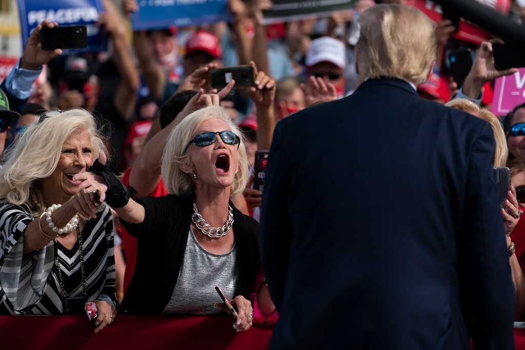 (AP Photo/Evan Vucci)

Supporters of President Donald Trump cheer as he walks off stage after speaking at a campaign rally at Pitt-Greenville Airport, Thursday, Oct. 15, 2020, in Greenville, N.C.
