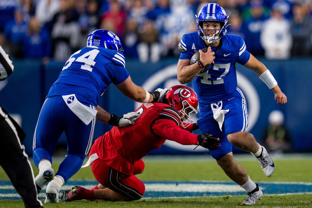 (Trent Nelson  |  The Salt Lake Tribune) BYU Cougars quarterback Bear Bachmeier (47) as BYU hosts Utah, NCAA football at LaVell Edwards Stadium in Provo on Saturday, Oct. 18, 2025.