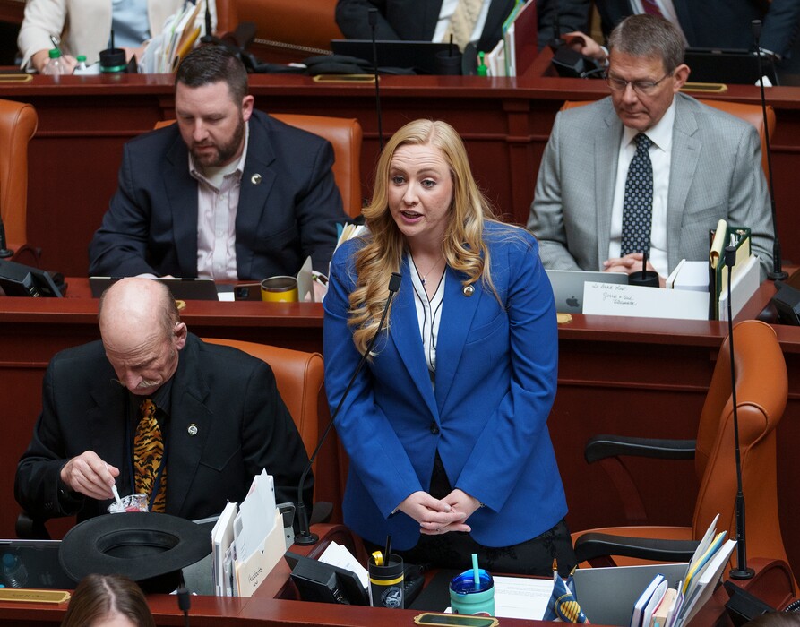 (Leah Hogsten | The Salt Lake Tribune) SJR3 House sponsor Rep. Candace Pierucci, R-Riverton debates the bill during the Utah Legislative Session, Jan. 20, 2022 before passage of the bill. On a 45-29 vote, the House passed SJR3 and voted to end the mask mandate in Salt Lake and Summit Counties.