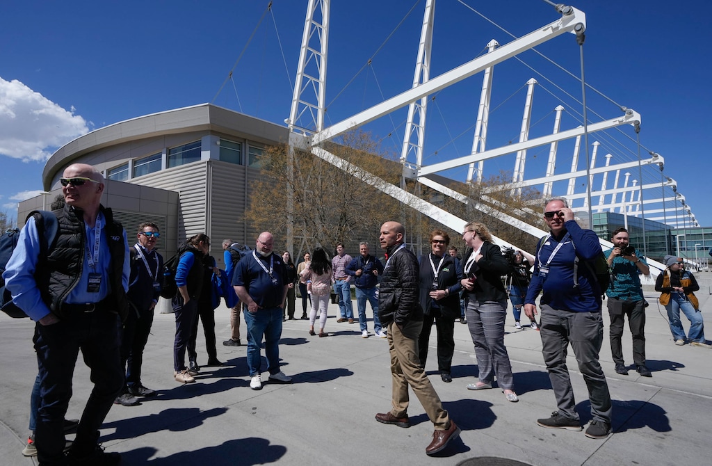(Francisco Kjolseth  |  The Salt Lake Tribune) Gold medalist Derek Parra, center, welcomes members of the International Olympic Committee’s Future Host Commission, IOC, U.S. Olympic & Paralympic leaders during a tour of the Kearns Olympic Oval on Friday, April 12, 2024. 