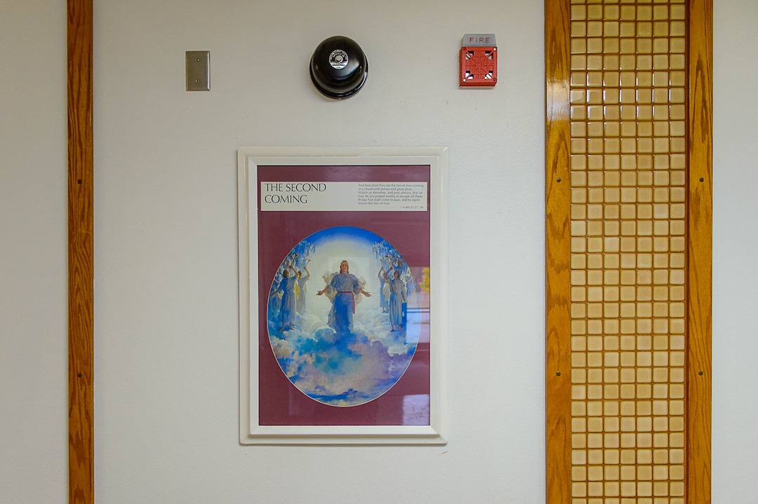 (Trent Nelson | The Salt Lake Tribune)  A religious poster representing the second coming of Jesus Christ, hanging in Pines Academy, Pinesdale, Mont.