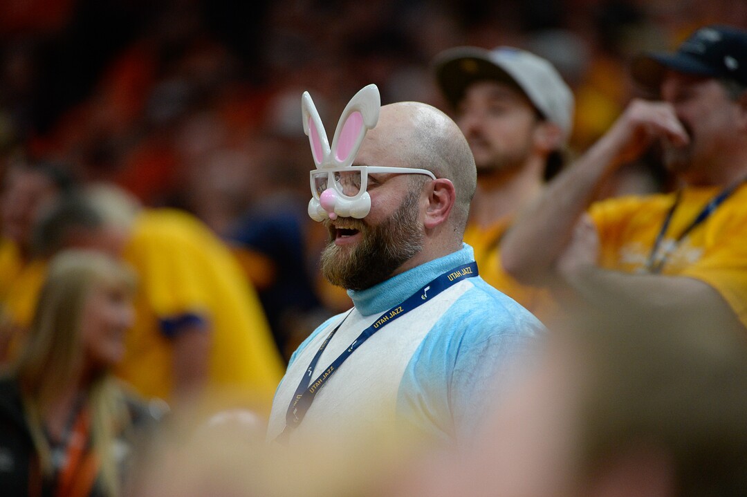 (Francisco Kjolseth  |  The Salt Lake Tribune)  A fan has a little Easter fun in Game 3 of a first-round NBA basketball playoff series between the Jazz and the Rockets in Salt Lake City, Saturday, April 20, 2019.