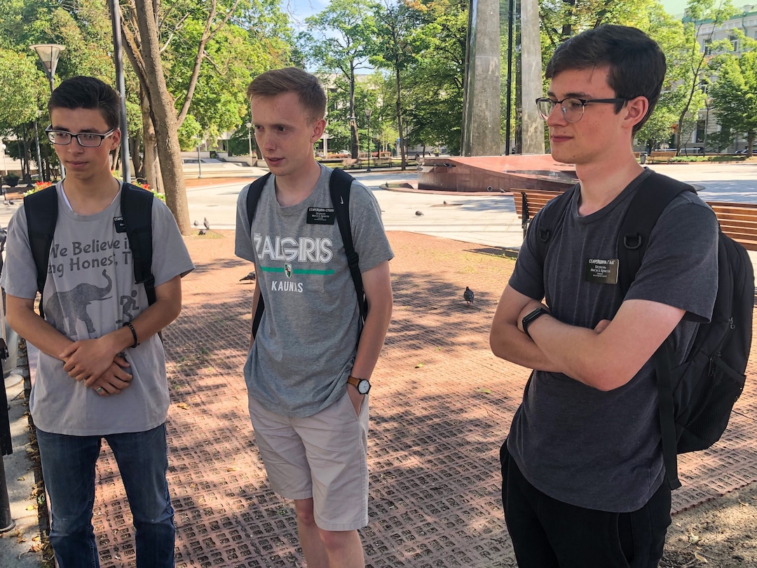 (Michael Stack | Special to The Tribune) From left to right, Elders Elijah McQuivey from Denver, Benjamin Stone from Denver, and David Gaag, from Bothell, Wash., on "preparation day" near Old Town Vilnius, Lithuania.