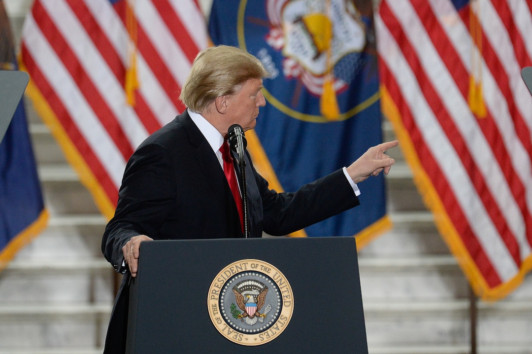 (Francisco Kjolseth  |  The Salt Lake Tribune)  U.S. President Donald Trump points to Senator Orrin Hatch  at the Utah Capitol on Monday, Dec. 4, 2017, prior to signing a presidential proclamation to shrink Bears Ears and Grand Staircase-Escalante national monuments.