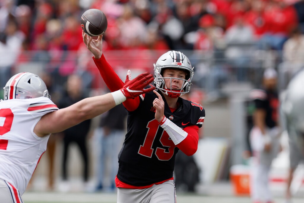 (Jay LaPrete | AP) Ohio State quarterback Devin Brown, a Corner Canyon High School product, throws a pass during a spring football game in Columbus, Ohio. With two-year starter C.J. Stroud off to the NFL, the competition for a new starting quarterback takes center stage at Ohio State.
