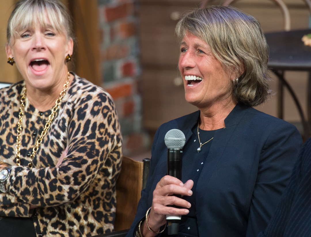 (Rick Egan | The Salt Lake Tribune) Deneece Huftalin, left, president of Salt Lake Community College, laughs as Noelle Cockett, president of Utah State University, makes a comment during a panel with Utah's five female university and college presidents on Thursday, Oct. 4, 2018.