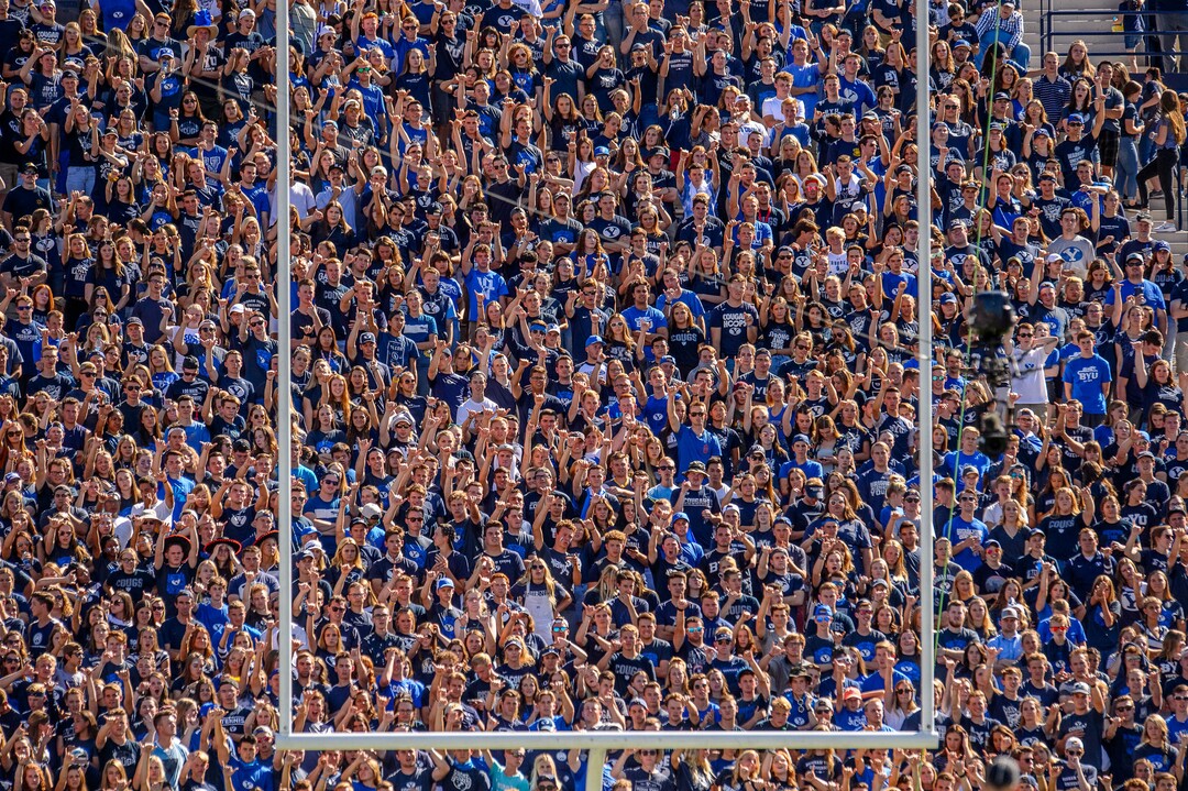 (Trent Nelson  |  The Salt Lake Tribune)  BYU fans as BYU hosts USC, NCAA football in Provo on Saturday Sept. 14, 2019.