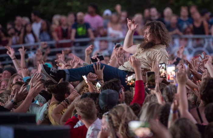 (Rick Egan  |  The Salt Lake Tribune)      Brothers Kevin and Jeff Saurer perform as Hippie Sabotage, at the twilight concert series, at the Gallivan Center, Saturday, July 20, 2019.
