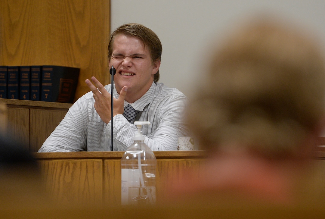 (Scott Sommerdorf   |  The Salt Lake Tribune)   Wesley Stickley, the self-described best friend of defendant Tyerell Joe Przybycien, tries to recall details of his Facebook messages with Przybycien during the preliminary hearing, Wednesday, August 23, 2017. Przybycien is charged with first-degree felony murder for buying items used by a 16-year-old girl to hang herself on May 5 in Utah County. Przybycien also recorded the girl's death, according to charges.