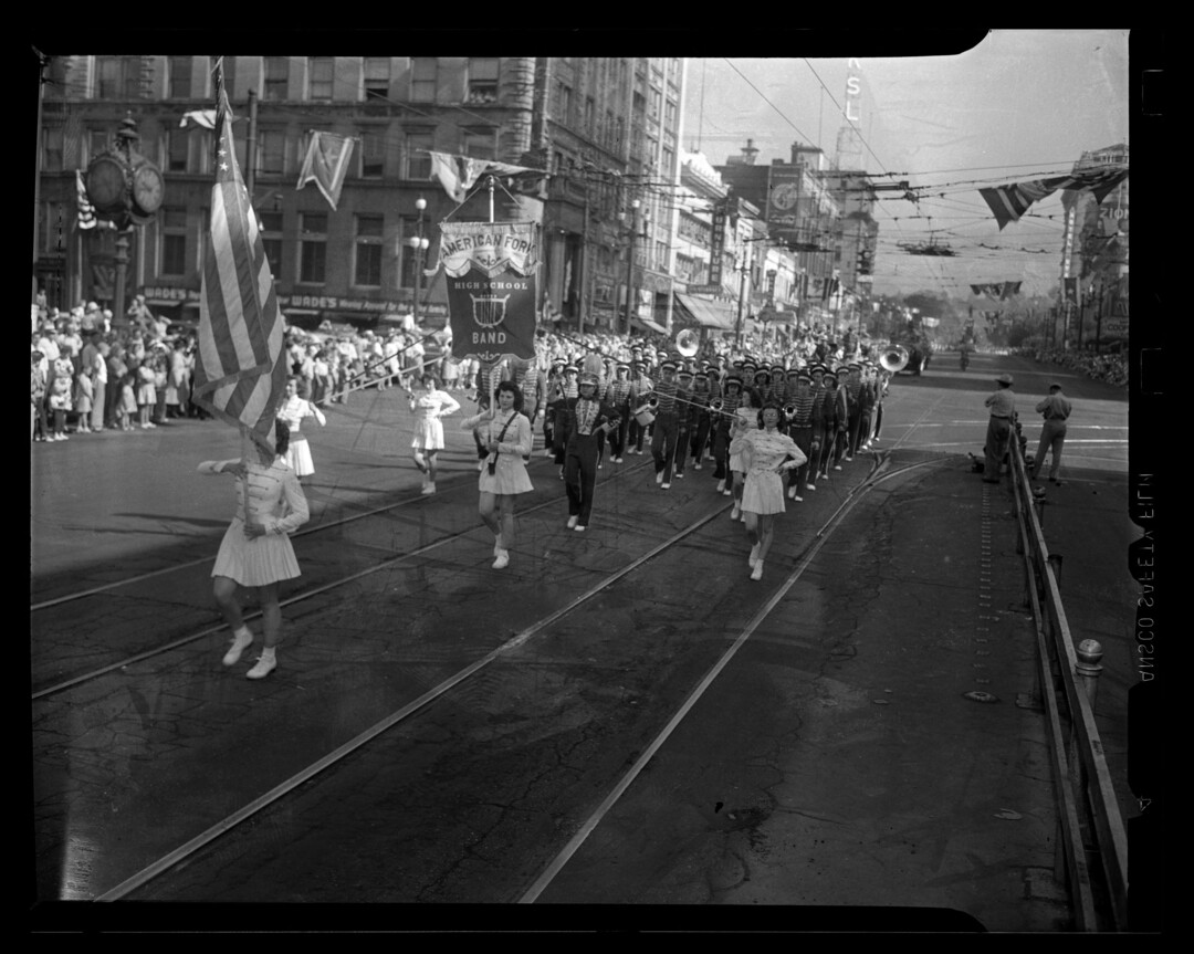 (Photo courtesy of Utah State History) The American Fork High School band marches down Salt Lake City's Main Street in the 1945 Pioneer Day parade — held in the waning days of World War II. The photo was originally taken by a Salt Lake Tribune staff photographer.