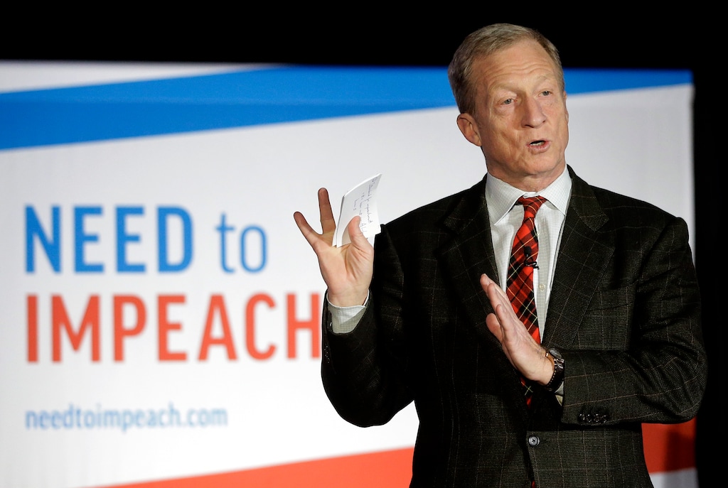 FILE - In this March 13, 2019, photo, billionaire investor and Democratic activist Tom Steyer speaks during a "Need to Impeach" town hall event in Agawam, Mass. Steyer claims that President Donald Trump meets the criteria for impeachment. Rising disagreement among congressional Democrats over whether to pursue impeachment of President Donald Trump has had little effect on the party’s presidential candidates, who mostly are avoiding calls to start such an inquiry. (AP Photo/Steven Senne, File)