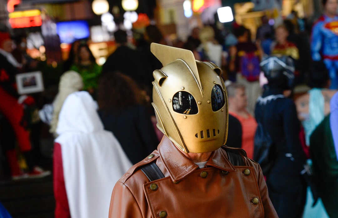(Francisco Kjolseth  |  The Salt Lake Tribune)  Bill Love as the Rocketeer joins FanX's twice-annual "press conference," drawing cosplayers to Megaplex Jordan Commons in Sandy on Wed. June 12, 2019, for the announcement of the event's celebrity visitors.