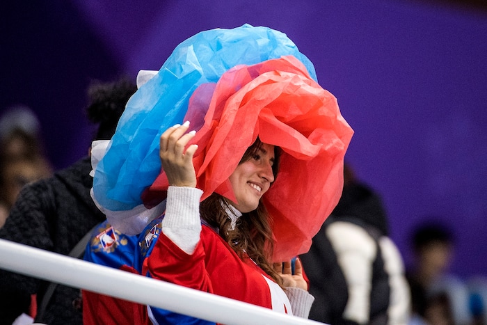 (Chris Detrick  |  The Salt Lake Tribune)  A Russian fan watches the Men's Single Skating Short Program for the Team Event at the Gangneung Ice Arena Friday, February 9, 2018.  Chen got fourth place with a score of 80.61.