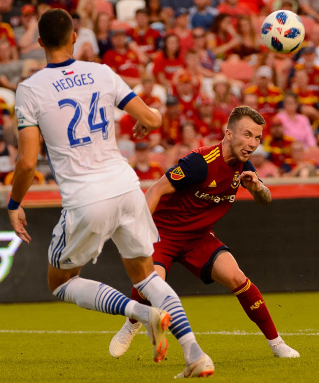 (Trent Nelson | The Salt Lake Tribune)  Real Salt Lake hosts FC Dallas, MLS soccer at Rio Tinto Stadium in Sandy, Saturday July 7, 2018. Real Salt Lake midfielder Albert Rusnak (11) heads the ball toward the goal.