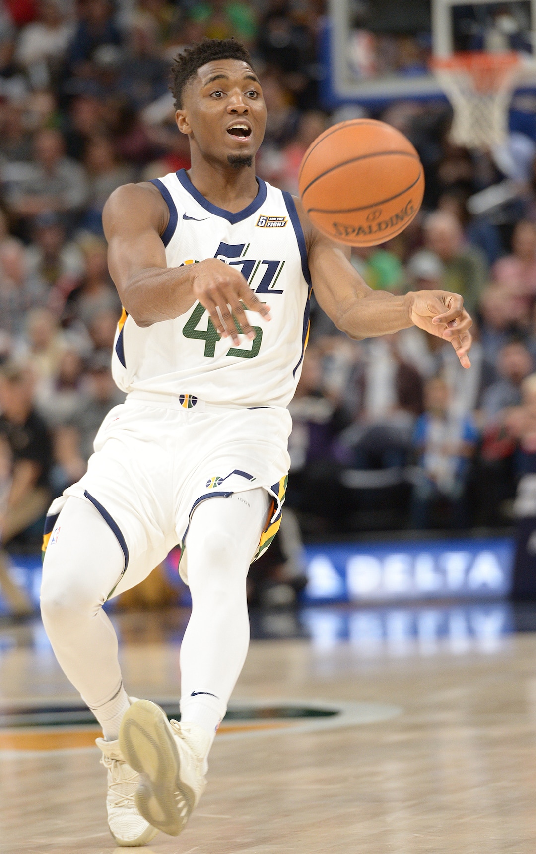 (Leah Hogsten  |  The Salt Lake Tribune) Utah Jazz guard Donovan Mitchell (45).  The Utah Jazz defeated the Phoenix Suns 112-101 during preseason NBA basketball at Vivint Smart Home Arena in Salt Lake City, October 6, 2017.