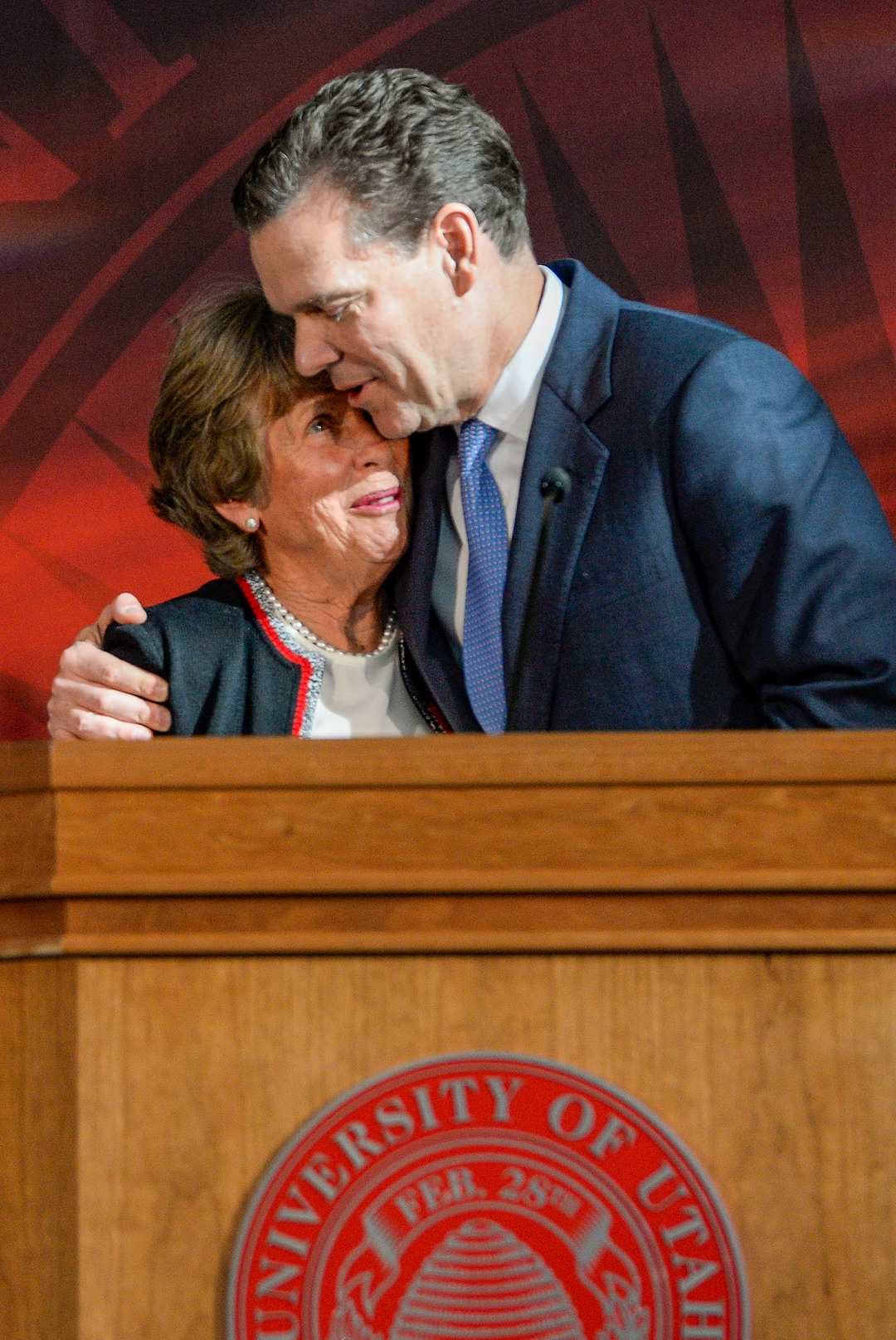 (Leah Hogsten  |  The Salt Lake Tribune) Karen Huntsman gets a hug from her son Peter R. Huntsman after the family gave a $150 million gift from the Jon M. Huntsman family to establish the Huntsman Mental Health Institute to bolster the existing University Neuropsychiatric Institute and psychiatry department on Monday, Nov. 4, 2019.
