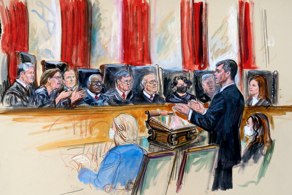 (Dana Verkouteren) This artist sketch depicts Mississippi Solicitor General Scott Stewart, standing while speaking to the Supreme Court, Wednesday, Dec. 1, 2021, in Washington, as the court hears arguments in a case from Mississippi, where a 2018 law would ban abortions after 15 weeks of pregnancy, well before viability.