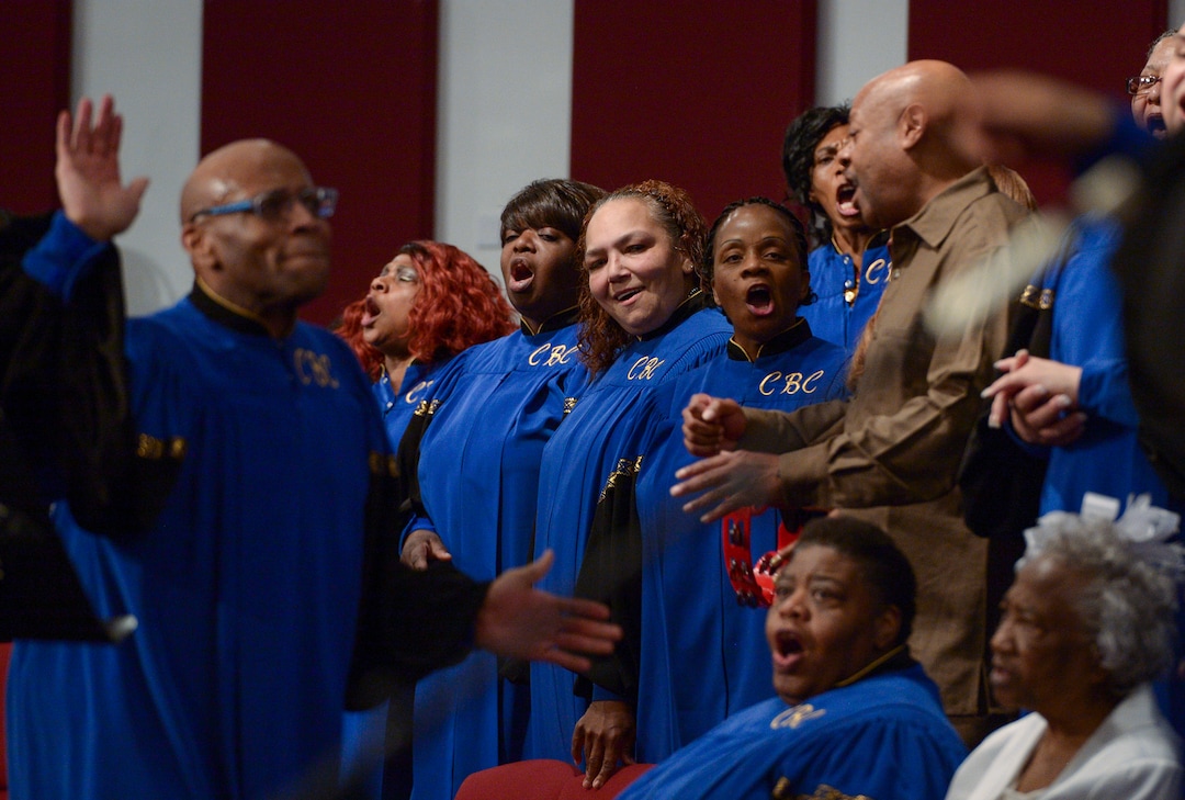 (Leah Hogsten  |  The Salt Lake Tribune) Calvary Baptist Church choir members sing during the worship service to honor Rev. France A. Davis, who celebrated his 44th anniversary as pastor with visiting pastors, ministers, family and members of his congregation, Sunday, April 22, 2018. Davis, who arrived in Salt Lake City in 1974 with his wife Willene Davis, has built the congregation to more than 700 members. 