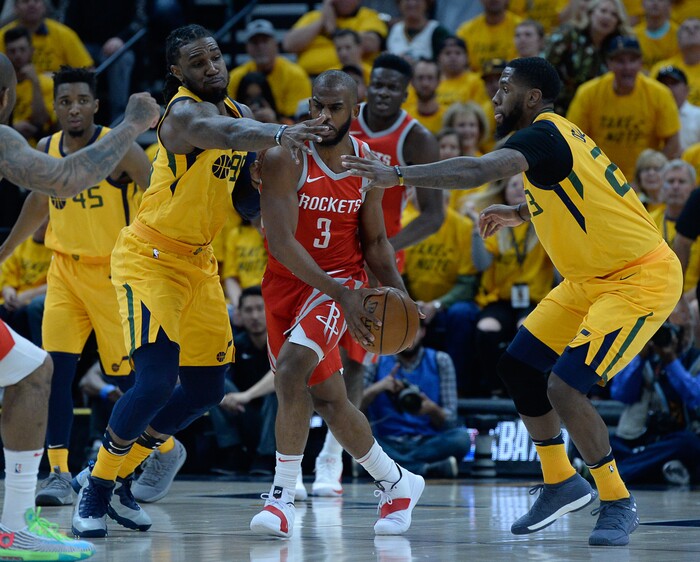 (Francisco Kjolseth | The Salt Lake Tribune) Houston Rockets guard Chris Paul (3) is pressured by the Utah Jazz in Game 4 of the NBA playoffs at the Vivint Smart Home Arena Sunday, May 6, 2018 in Salt Lake City.