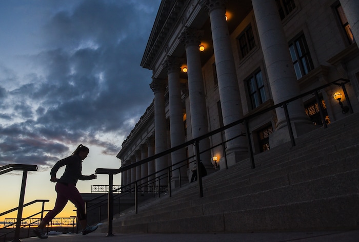 (Francisco Kjolseth | The Salt Lake Tribune) The sun sets on the last day of the Legislative session at the Utah Capitol on Thursday, March 14, 2019.