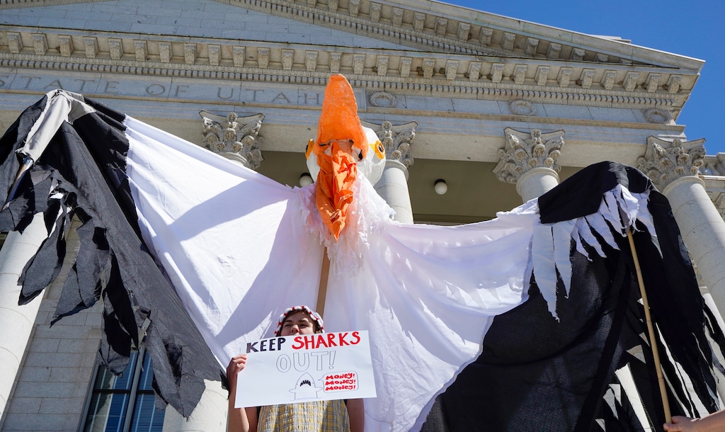 (Chris Samuels | The Salt Lake Tribune) People protest the Stratos data center project at the Capitol in Salt Lake City, Thursday, May 14, 2026.