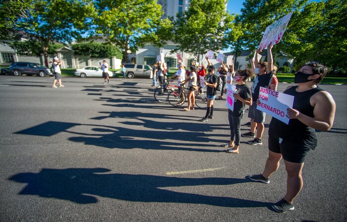 (Rick Egan  |  The Salt Lake Tribune) Protesters spread out to block 500 south as they march to State Street in Salt Lake City during a demonstration for Bernardo Palacios-Carbajal on Monday, June 22, 2020.