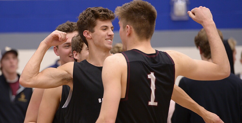 (Leah Hogsten  |  The Salt Lake Tribune)  Lone Peak celebrates the win. Lone Peak High School boys' basketball team defeated Pleasant Grove High School 65-61 during their game Friday, January 26, 2018 in Pleasant Grove. 