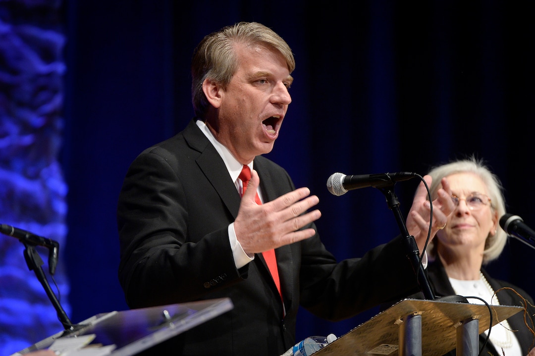 (Scott Sommerdorf   |  The Salt Lake Tribune)   Jim Bennett speaks during Utah's 3rd District Congressional debate, Friday, October 13, 2017. Dr. Kathie Allen is at right.