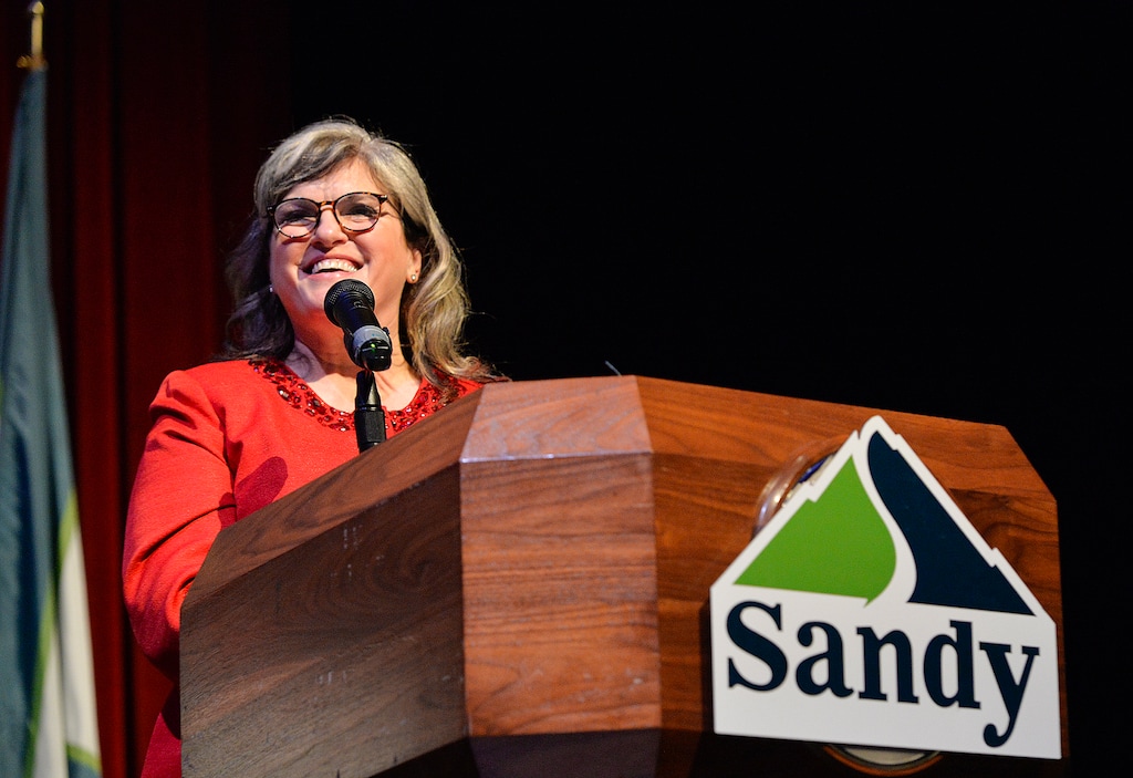(Chris Samuels | The Salt Lake Tribune) Sandy Mayor Monica Zoltanski gives remarks after being sworn in as mayor of Sandy at Alta High School on Monday, Jan. 3, 2022.