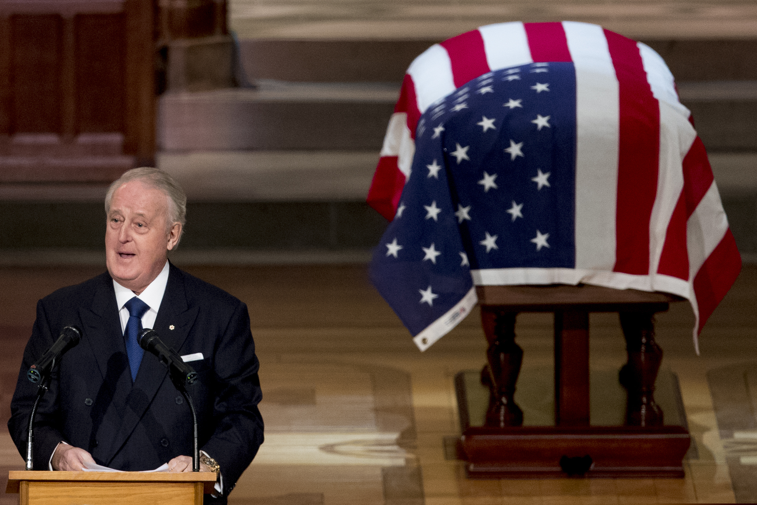 Former Canadian Prime Minister Brian Mulroney speaks during the State Funeral for former President George H.W. Bush at the National Cathedral, Wednesday, Dec. 5, 2018, in Washington. (AP Photo/Andrew Harnik, Pool)