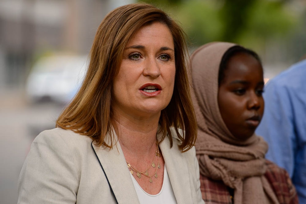 (Trent Nelson | The Salt Lake Tribune)  U.S. Senate candidate Jenny Wilson holds a news conference in Salt Lake City, Thursday Aug. 2, 2018, to announce her vision for immigration reform. At right is Saida Dahir.