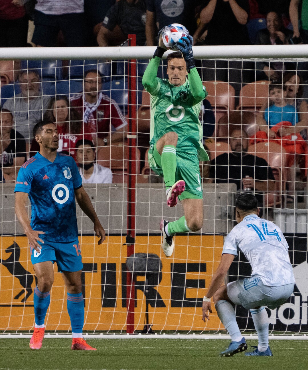 (Francisco Kjolseth | The Salt Lake Tribune) Minnesota United goalkeeper Tyler Miller (1) makes the block in MLS action between Real Salt Lake and Minnesota United FC at Rio Tinto Stadium in Sandy, on Saturday, May 29, 2021.