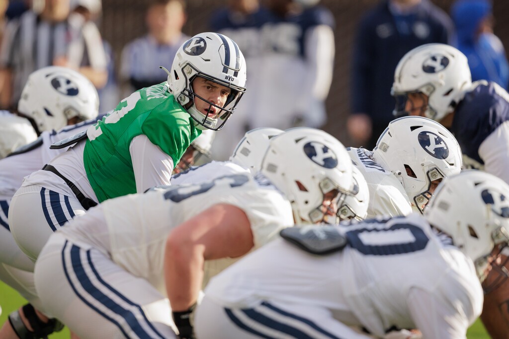 (Jaren Wilkey | BYU) Quarterback Jake Retzlaff participates in BYU football practice in Provo, Friday, March 8, 2024.