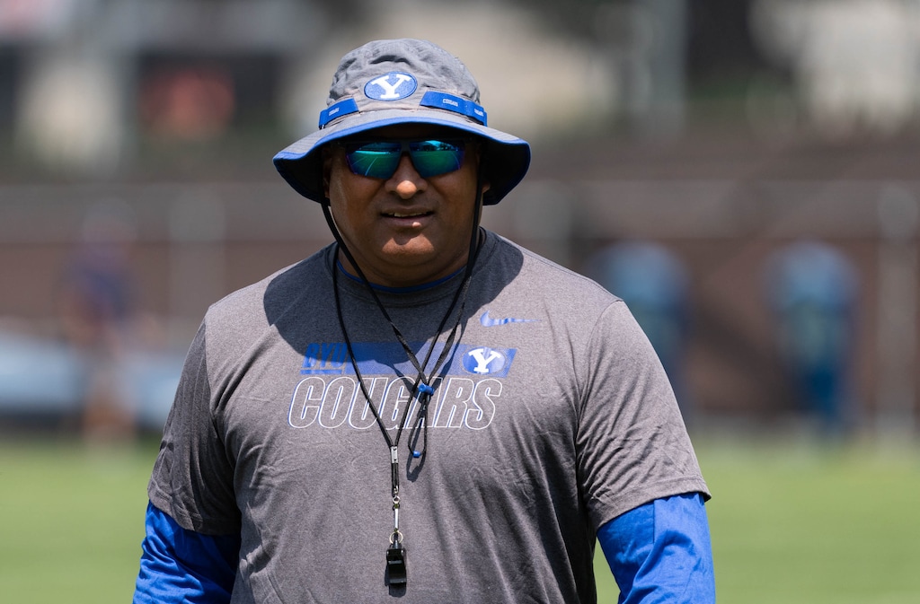 (Francisco Kjolseth | The Salt Lake Tribune) BYU head coach Kalani Sitake wraps up the first day of fall camp for the 2021 season on Thursday, Aug. 5, 2021.