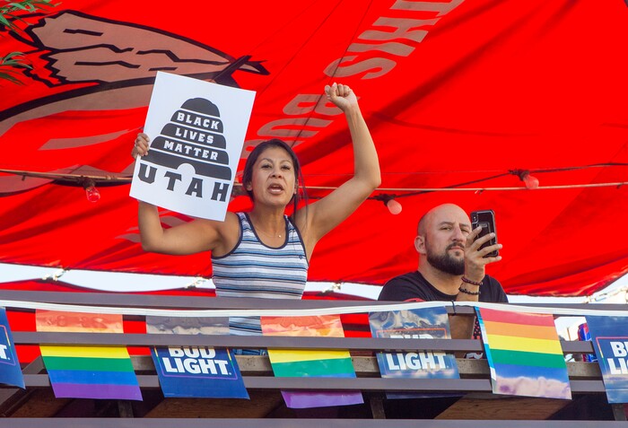 (Rick Egan  |  The Salt Lake Tribune) Supporters cheer for protesters as they march down 400 South in Salt Lake City during a demonstration for Bernardo Palacios-Carbajal on Monday, June 22, 2020.
