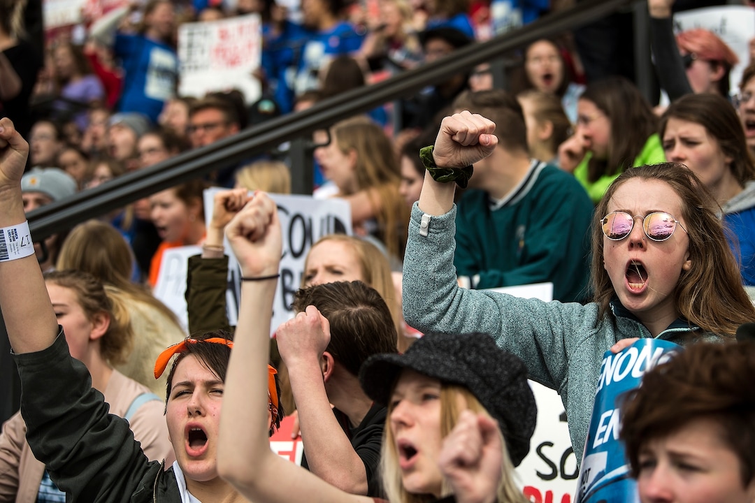 (Chris Detrick  |  The Salt Lake Tribune)  Participants cheer during the March for Our Lives SLC rally at the state Capitol Saturday, March 24, 2018. The student-led March for Our Lives SLC got underway about 11:30 a.m. with what police estimated were 8,000 participants walking from Salt Lake City’s West High School to the front steps of the state Capitol.
