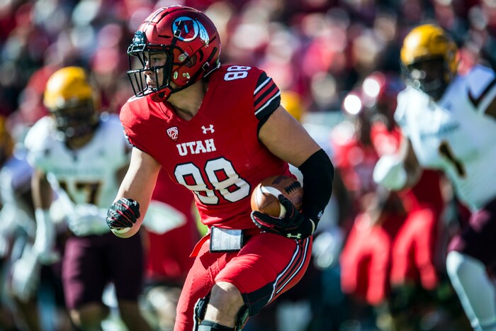 (Chris Detrick  |  The Salt Lake Tribune)  Utah Utes tight end Harrison Handley (88) runs the ball during the game at Rice-Eccles Stadium Saturday, October 21, 2017. 