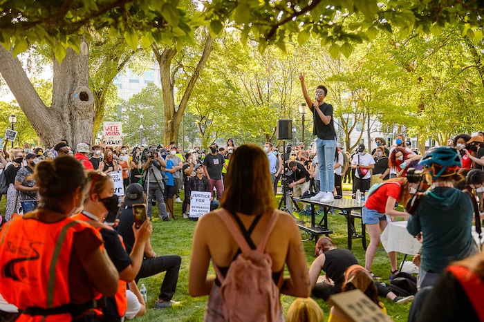 (Trent Nelson  |  The Salt Lake Tribune) Protest against police brutality in Salt Lake City on Monday, June 1, 2020.