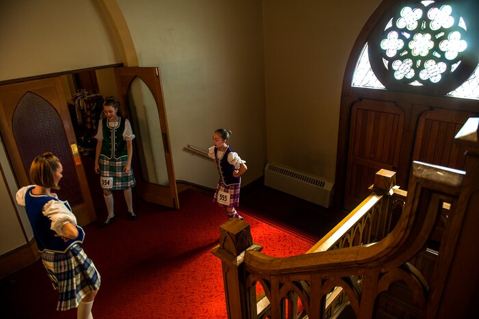 (Leah Hogsten  |  The Salt Lake Tribune) l-r Libby Anderson, Madeline Anderson and Bethany Hovey practice prior to their performances during Saturday's Highland Dance Competition, October 28, 2017 at the First Presbyterian Church during its annual two-day Scottish Festival celebrating the Scottish heritage of the church. 