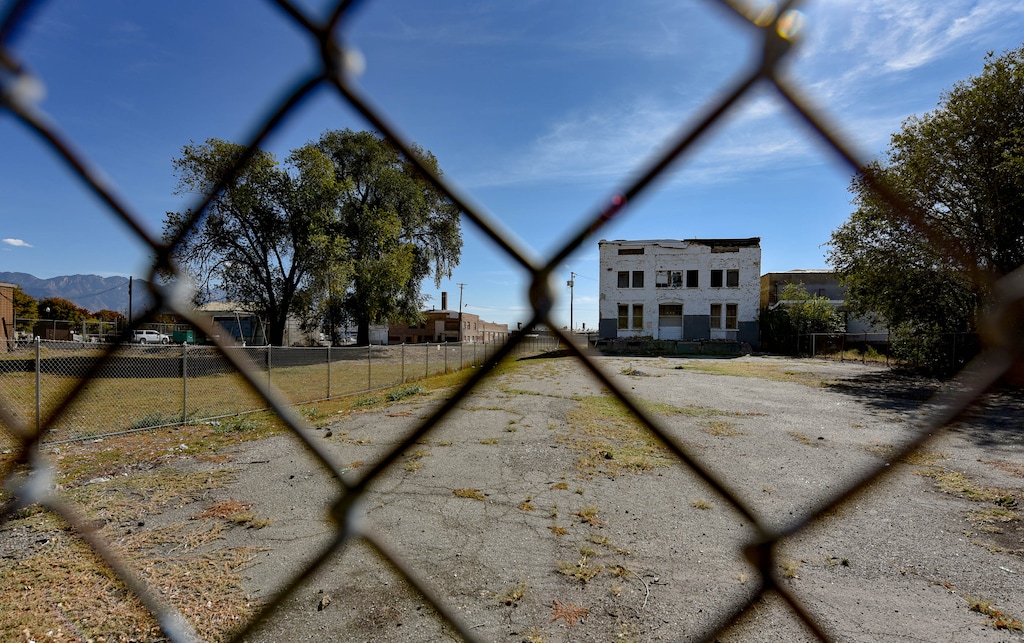 (Francisco Kjolseth  |  The Salt Lake Tribune) Salt Lake City is pitching in to shore up the old Serta Mattress building, at right, after it sustained seismic damage in the March 2020 earthquake -- yet another sign of renewed interest in developing the area since the razing of The Road Home shelter in the adjacent neighborhood.