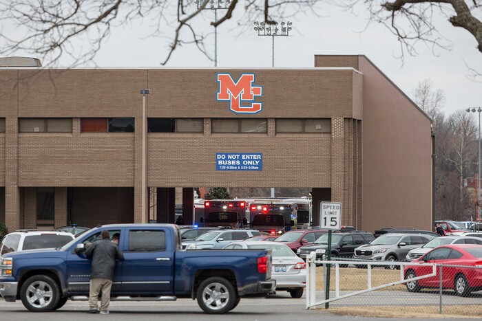 Emergency crews respond to Marshall County High School after a fatal school shooting Tuesday, Jan. 23, 2018, in Benton, Ky. Authorities said a shooting suspect was in custody. (Ryan Hermens/The Paducah Sun via AP)