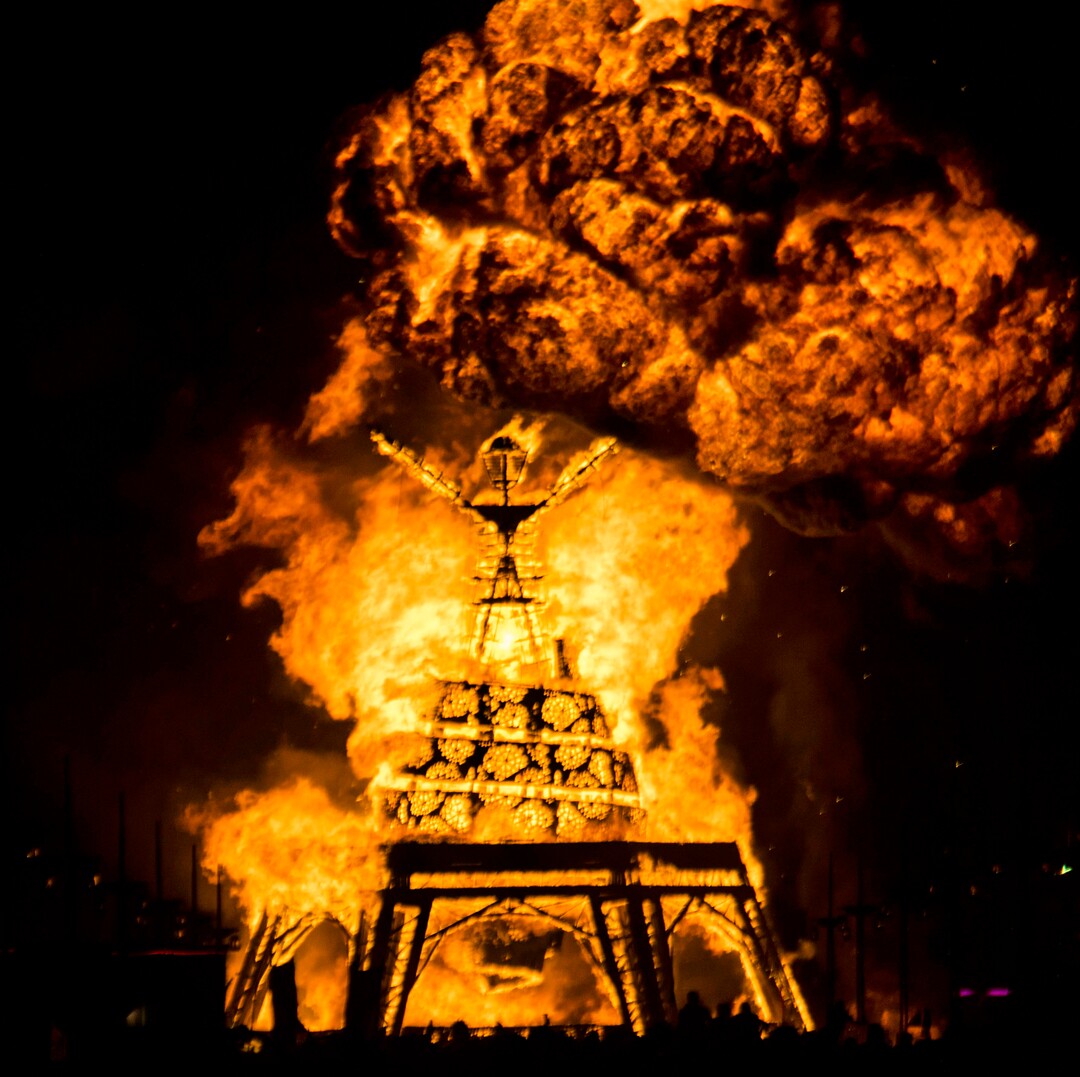 (Rick Egan  |  The Salt Lake Tribune)   The Man goes up in an explosion of flames Saturday night, at Burning Man, in the Black Rock Desert, near Gerlach, Nevada. Saturday, Aug. 31, 2019.