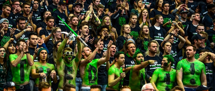(Steve Griffin  |  The Salt Lake Tribune) The UVU student body goes crazy at the start of the BYU versus UVU basketball game at UCCU Center on the UVU campus in Orem Wednesday November 29, 2017.